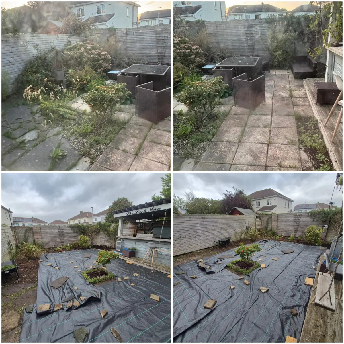 Four-photo grid: an overgrown slab patio with weeds, then the same garden cleared and covered in weed membrane