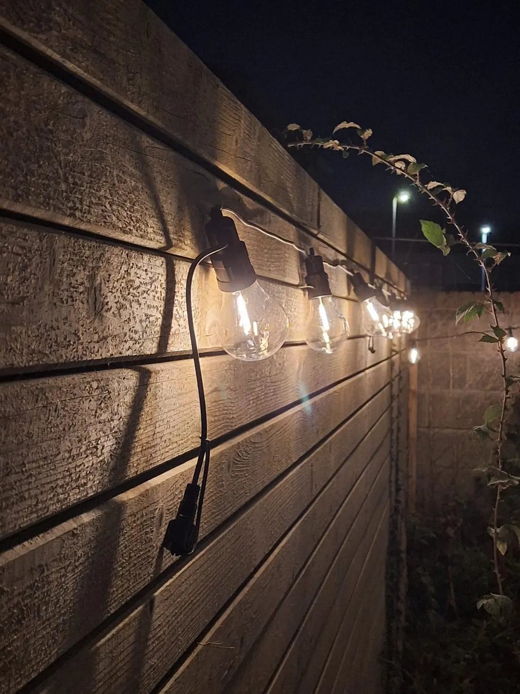 Warm festoon lights running along a horizontal timber garden fence at night